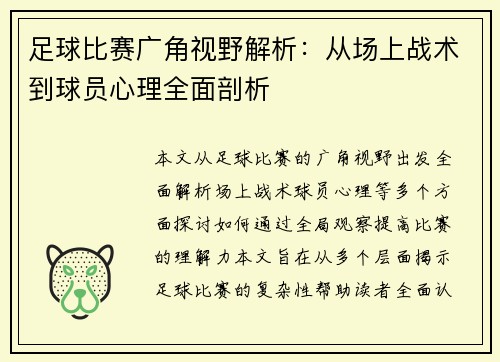 足球比赛广角视野解析：从场上战术到球员心理全面剖析